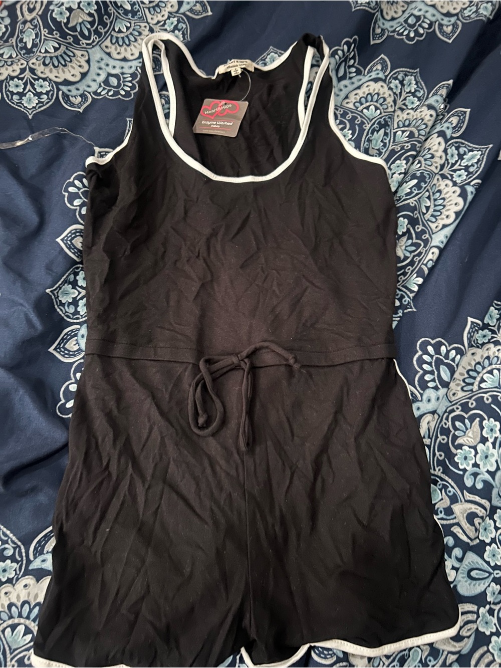 Heart Hips Black Tank Romper with White Trim and black Accents